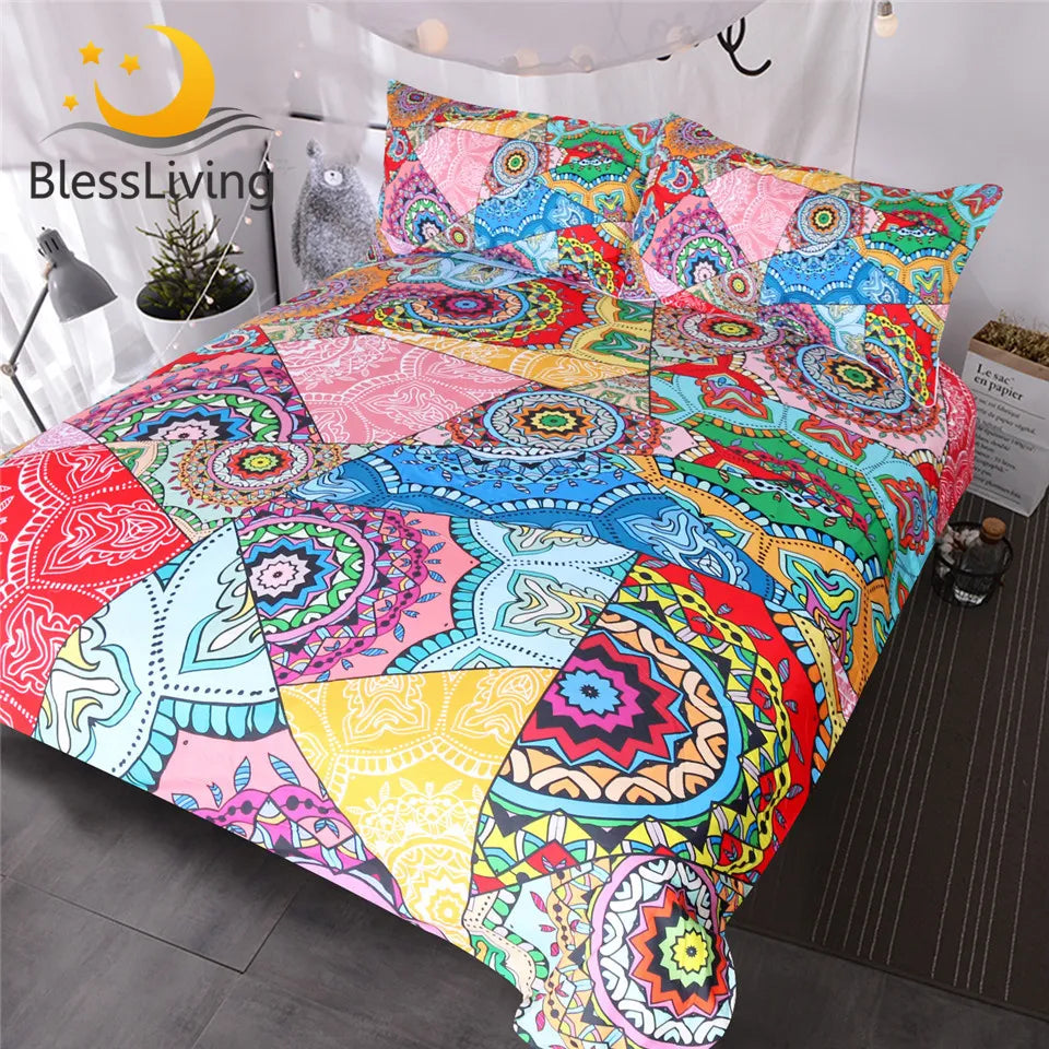 BlessLiving Mandala Bedding Set Red Pink Boho Flowers Patchwork Duvet Cover Set Queen for Adults Girls Colorful Bed Cover 3pcs