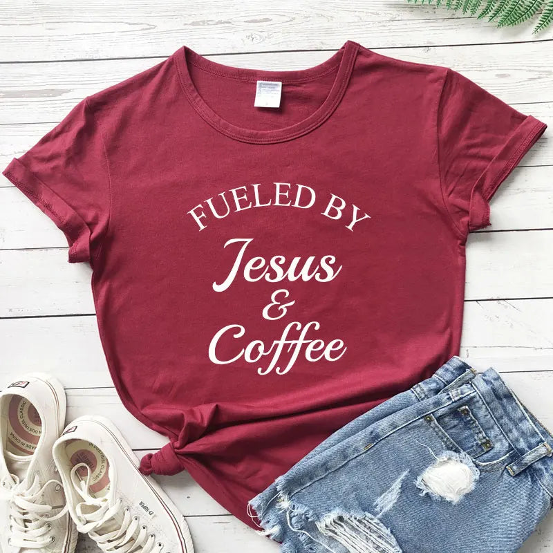 Fueled By Jesus & Coffee T-shirt Ladies Religious Christian Graphic Tee Top Fashion Women Motivational Bible Verse Church Tshirt