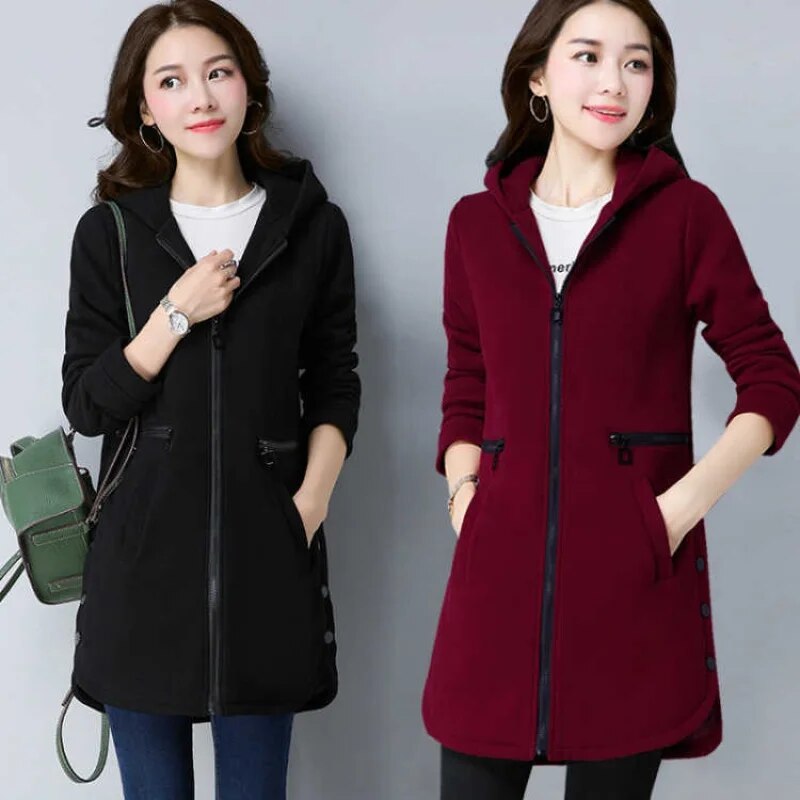 Fashion Women Hoodie New 2022 Autumn Winter Solid Color Casual Jacket Mid-Long Hooded Zipper Add Velvet Outwear Sportsuit K887