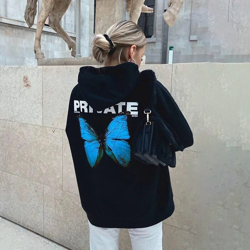 Kpop  Autumn Women Hoodie Explosion Private Butterfly Sweatshirt Hoodies Printed Long Sleeve Black Women Sweatshirt kKds Top