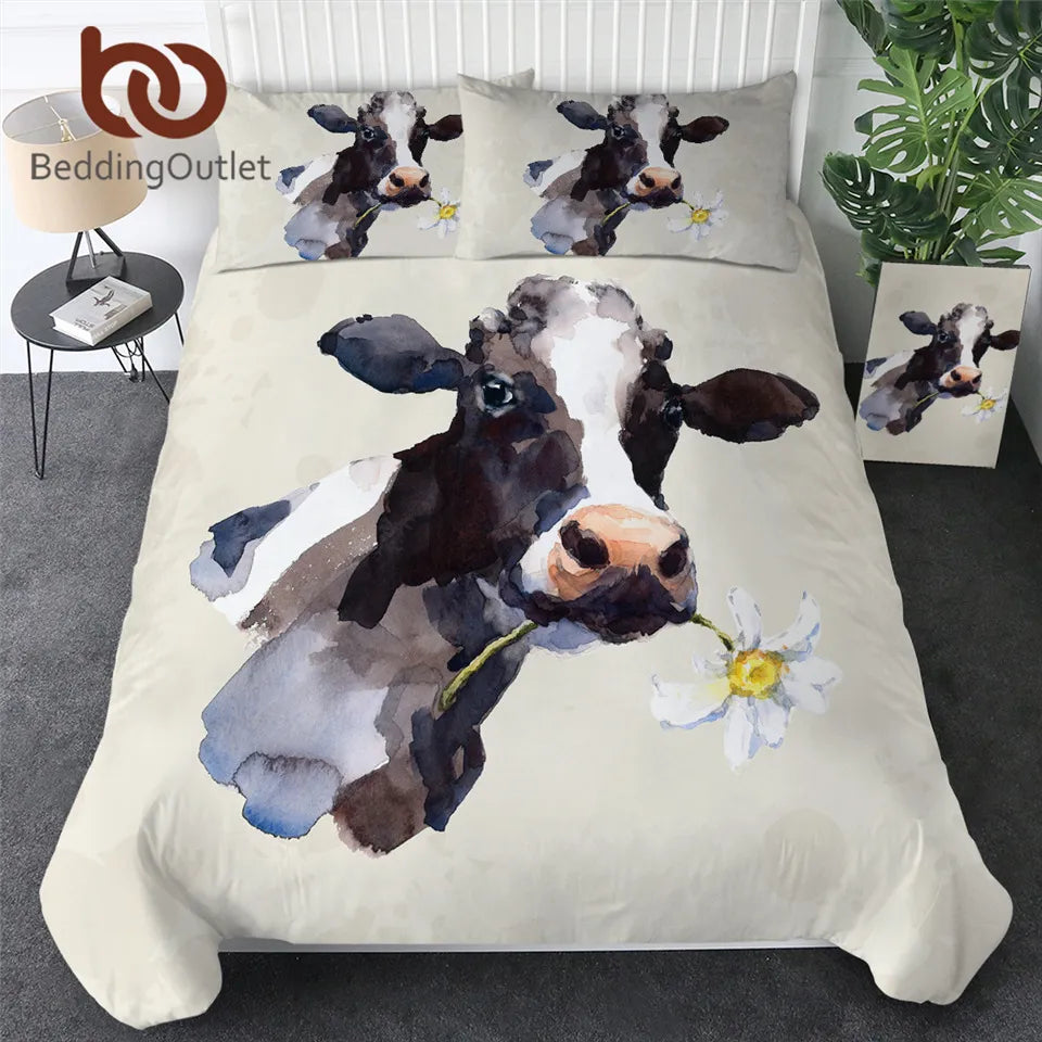 BeddingOutlet Milk Cow Bedding Watercolor Bed Cover Set Pastel Painting Quilt Cover Farm Animal Bedspreads Daisy Flower Bedlinen