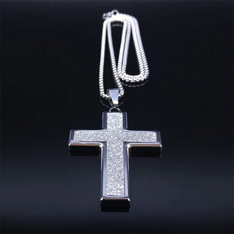 2023 Christian Cross Stainless Steel Big Necklace Sliver Color Religious Statement Necklace Jewelry acero inoxidable NXH364S05