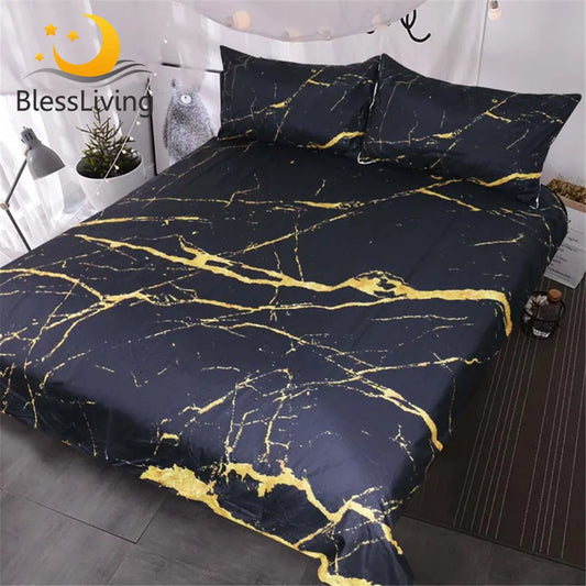 BlessLiving Marble Quilt Cover Modern Faux Gold Glitter Black Marble Stone Bedding Set Queen 3 Pieces Trendy Duvet Cover Set