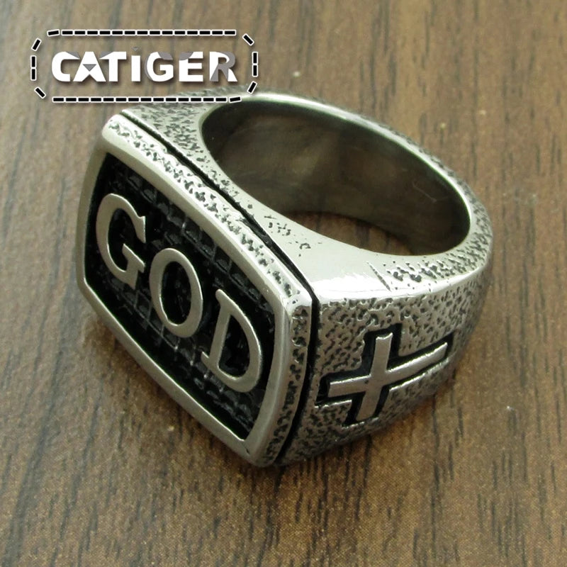 Free Shipping Vintage Cross Jesus GOD Ring 316L Stainless Steel Women Mens Retro Letter Rings Jewelry