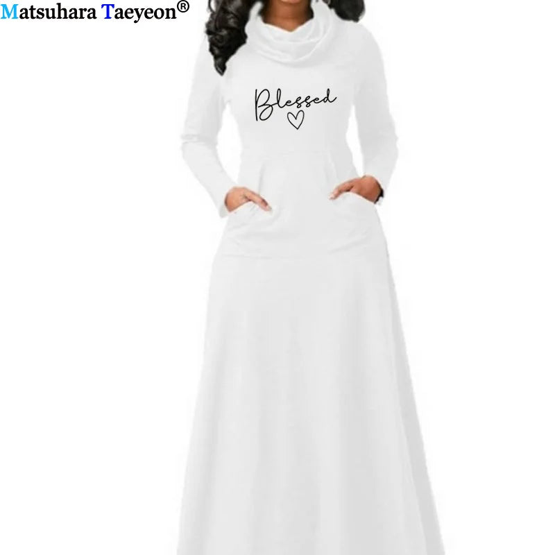 Blessed Letter Print Dress Women With Pocket Long Sleeve Christian 90s Girl Aesthetic Faith Jesus dresses Long Elegant