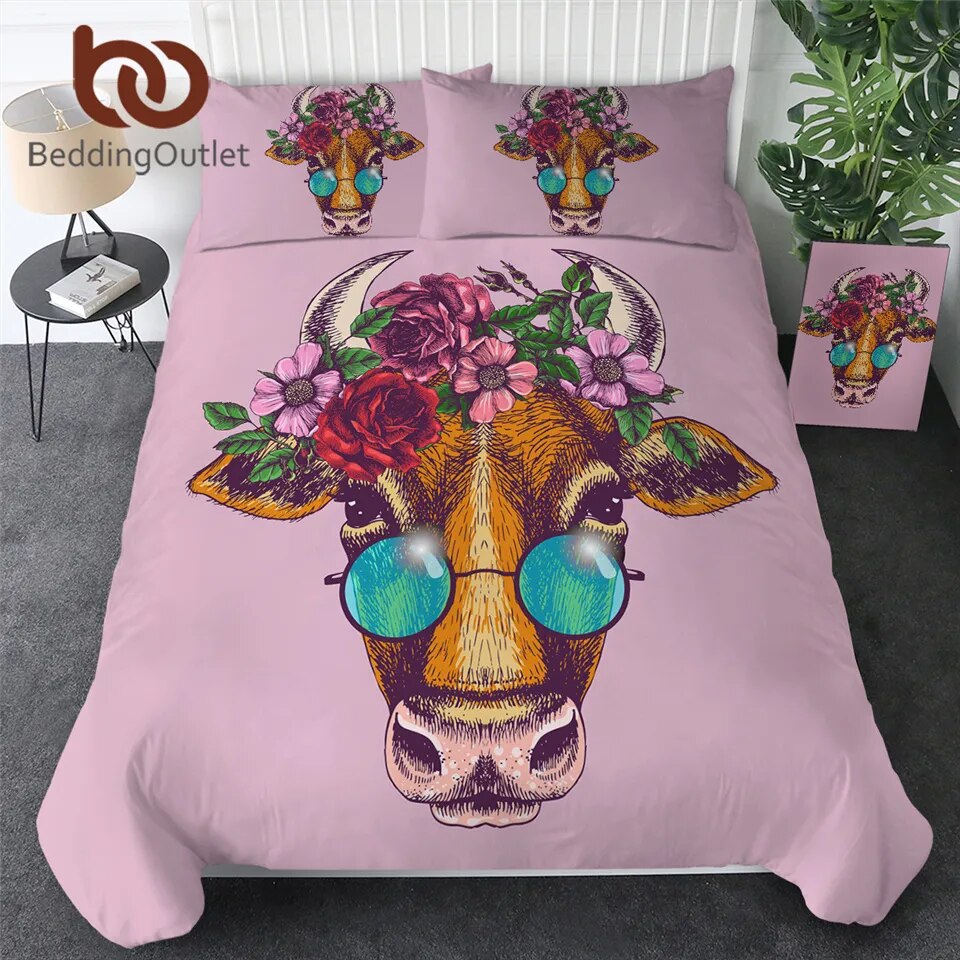 BeddingOutlet Pink Duvet Cover Set Floral Cow with Sunglasses Bedding Set Animals Duvet Cover With Pillowcases Boho Bedspreads