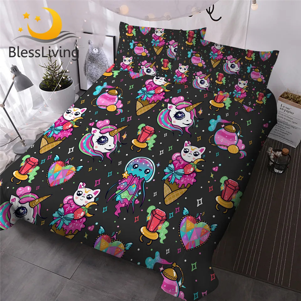 BlessLiving Unicorn Duvet Cover Set 3D Fantastic 3 Pieces Bedding Sets Ice Cream Quilt Cover for Kids Girl Kawaii Cats Bed Cover