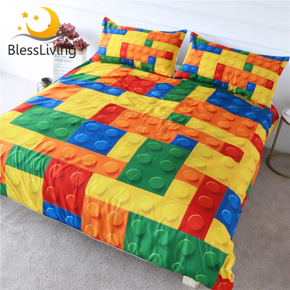 BlessLiving Toy Print Bedding Set Dot Building Blocks Comforter Cover Kids Boy Bed Cover Colorful Bricks Game Bedlinen Wholesale