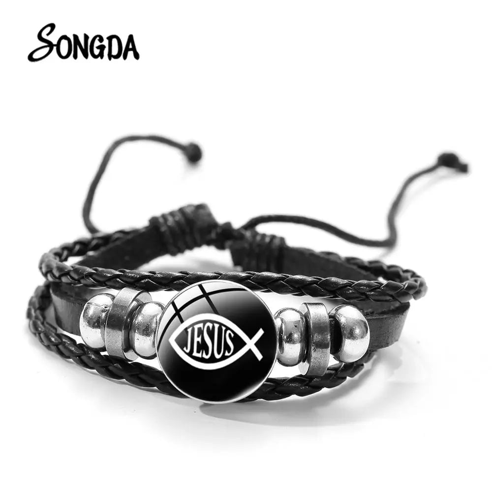 Jesus Fish Christian Symbol Bracelet Handmade Glass Gem Punk Black Braided Leather Bracelets for Men Women Cuff Jewelry Pulseira