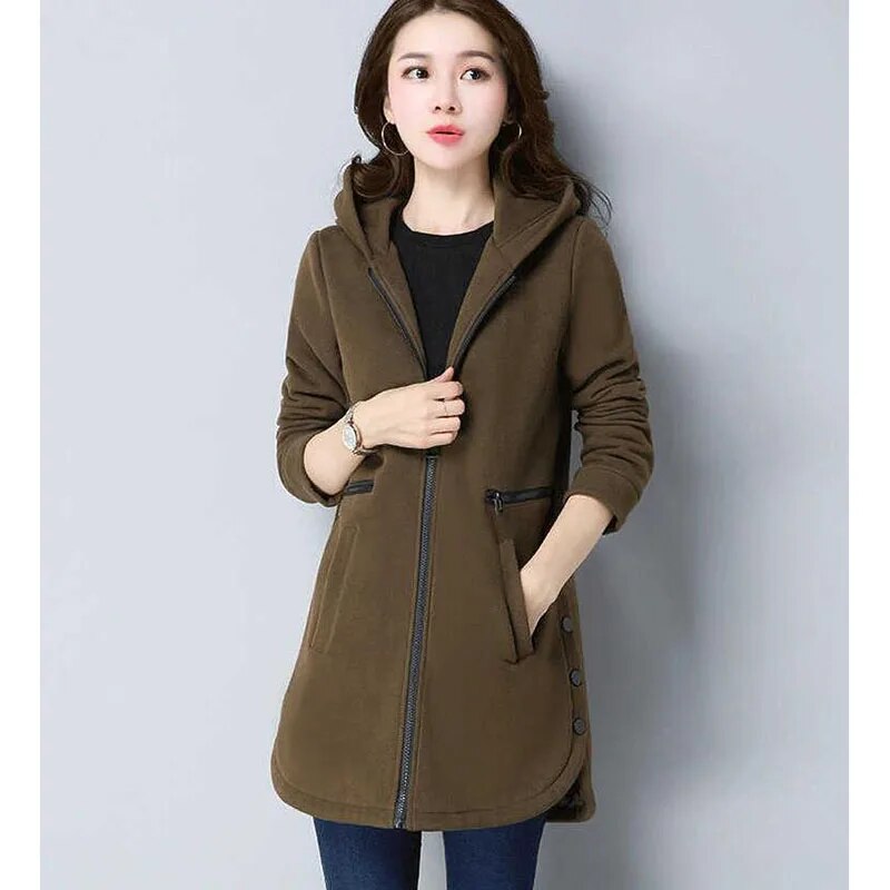 Fashion Women Hoodie New 2022 Autumn Winter Solid Color Casual Jacket Mid-Long Hooded Zipper Add Velvet Outwear Sportsuit K887