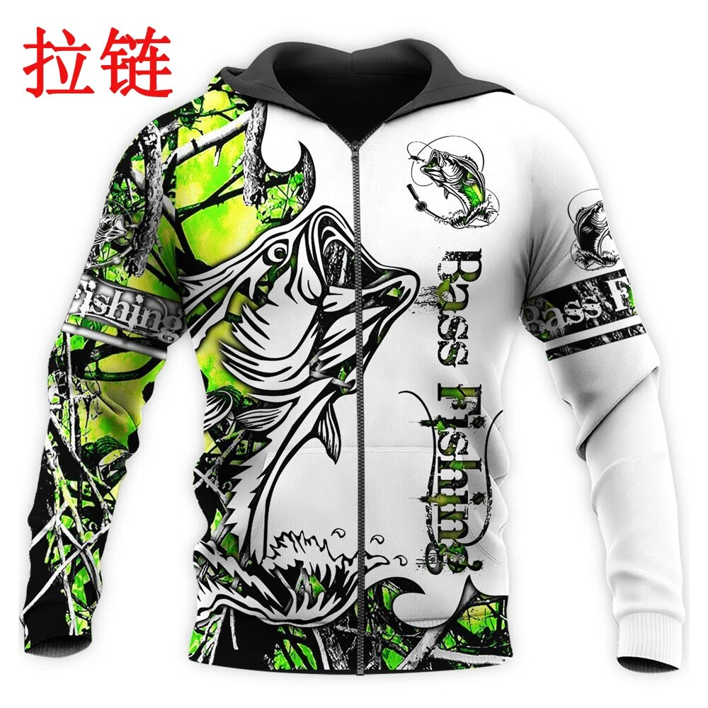 Drop shipping Green Bass Fishing 3D Printed Mens Hoodie Harajuku Streetwear Pullover Autumn Unisex Jacket Tracksuits DW0167