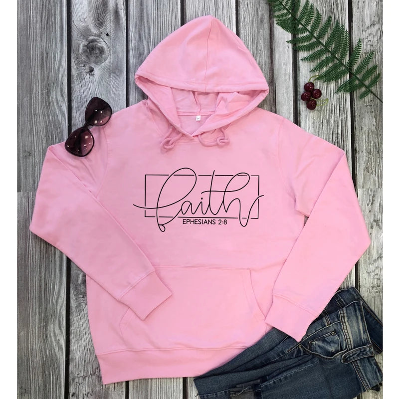 Faith Ephesians 2:8 Hoodies Casual Unisex Jesus Bible Verse Cotton Pullovers Women Scripture Christian Church Hooded Sweatshirts