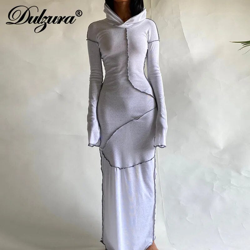 Dulzura Patchwork Slit Long Sleeve Women Hoodie Midi Dress Bodycon Sexy Streetwear 2020 Autumn Winter Slim Club Casual Party