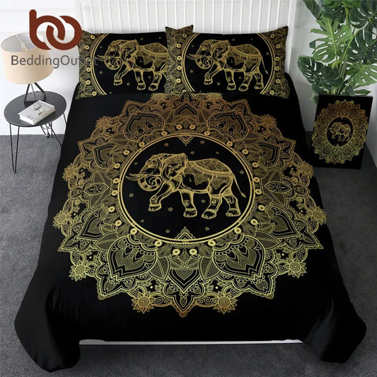 BeddingOutlet Mandala Elephant Duvet Cover With Pillowcase Black Golden Bedding Set Queen Size Boho Bed Set Quilt Cover