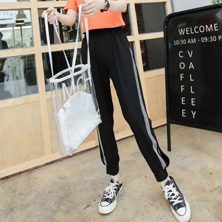 Contrast Panel Sweatpants Women Casual Harem Pants Loose Elastic Trousers Women Drilling Striped Side Sweat Pants Female 3xl