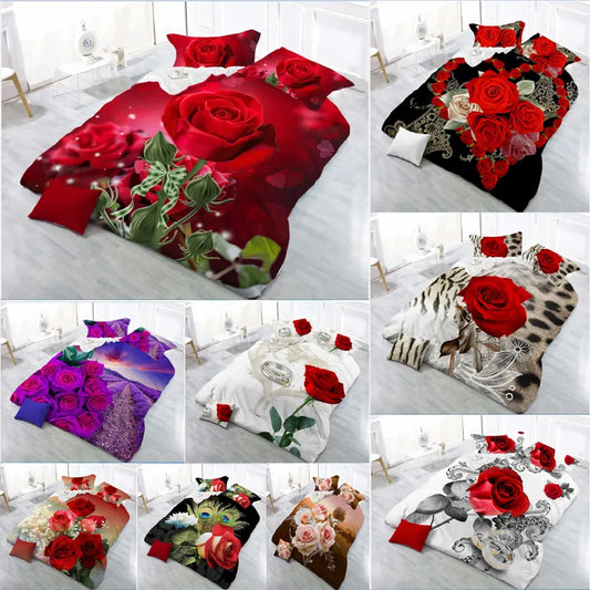 3D Red Rose Bedding Set Linen Flower Double Bed Sheet King Duvet Quilt Cover Bedclothes Pillowcase 4pcs/set Home Textile Beauty