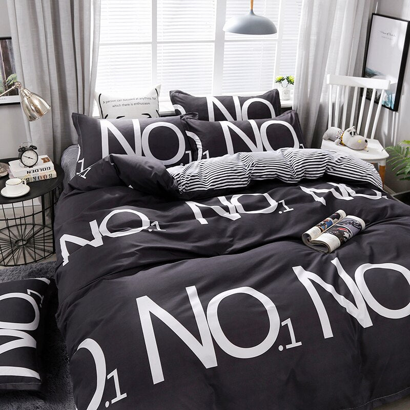 High Quality Dark Gray Stripe "NO.1" Printing Bedding Set Bed Linings Duvet Cover Bed Sheet Pillowcases Cover Set 4pcs/set 51