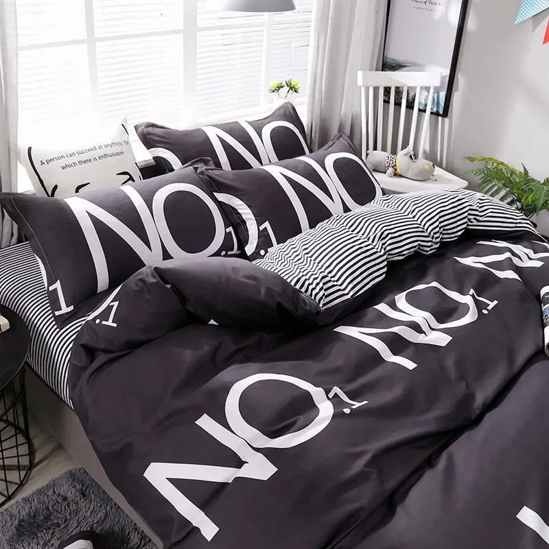 High Quality Dark Gray Stripe "NO.1" Printing Bedding Set Bed Linings Duvet Cover Bed Sheet Pillowcases Cover Set 4pcs/set 51