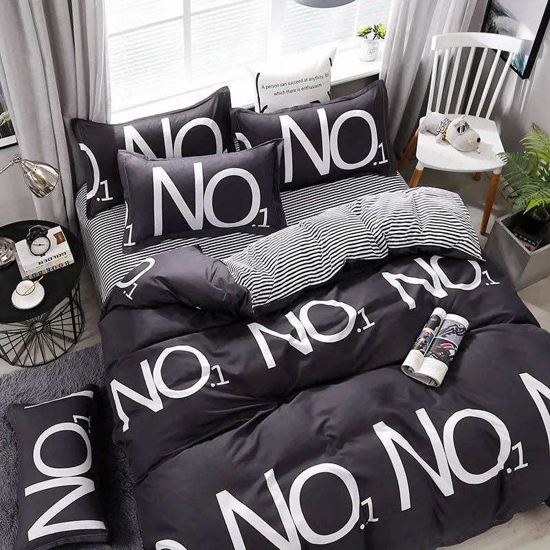 High Quality Dark Gray Stripe "NO.1" Printing Bedding Set Bed Linings Duvet Cover Bed Sheet Pillowcases Cover Set 4pcs/set 51