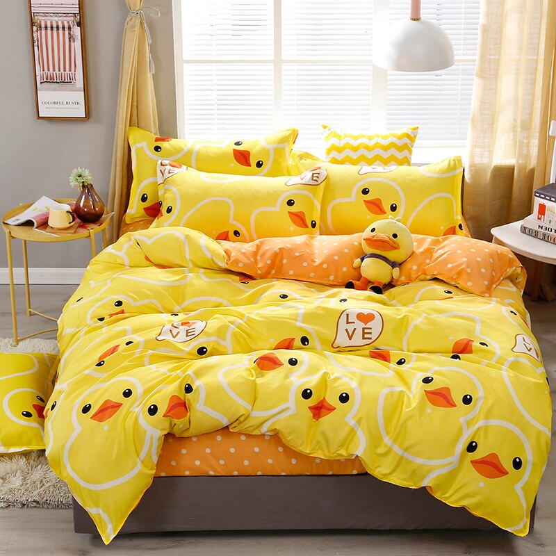 High Quality Yellow Duck Cartoon Style Bedding Set Bed Linings Duvet Cover Bed Sheet Pillowcases Cover Set 4pcs/set 51