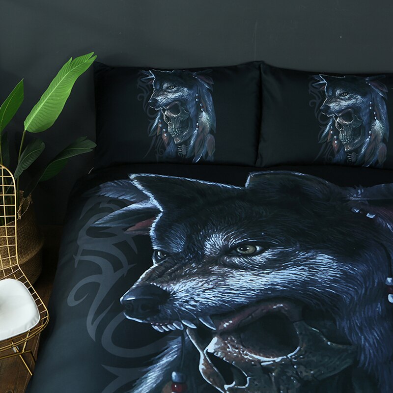 Dream NS 3PCS Bedding Set Wolf Head Skull Printing Pattern Home Furnishing Bedding Set Home Furnishing Articles