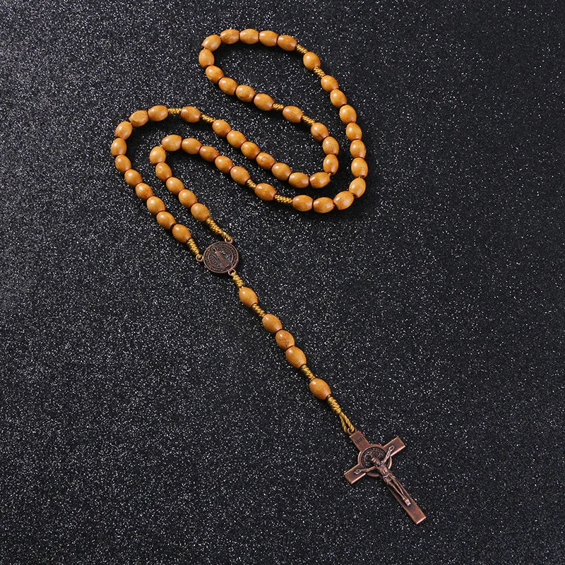 KOMi Catholic Christian Religion Jesus Wooden Rosary Cross Pendant Long Chain Necklace Female Male Jewelry Gift