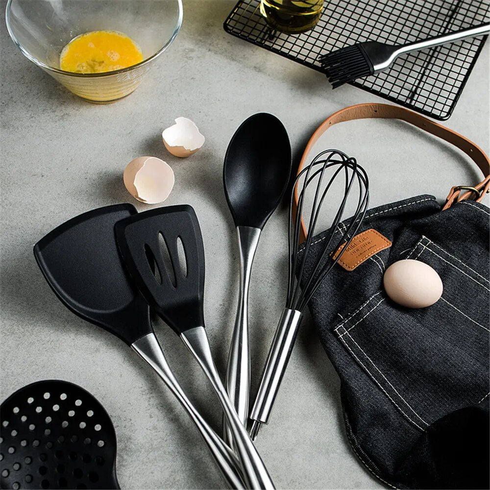 Black Silicone Shovel Spatula Noodle Soup Spoon Stainless Steel Handle Cooking Utensils Cookware Kitchen Cooking Tools 1PCS