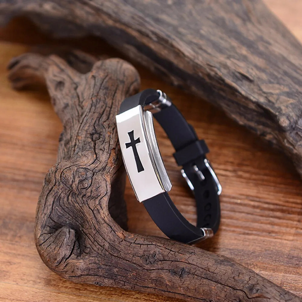 1PC Silicone Buckle Bracelets Bangle Fashion Cool Wristband Jewelry Womens Mens Cross Stainless Steel Christian Religious Amulet