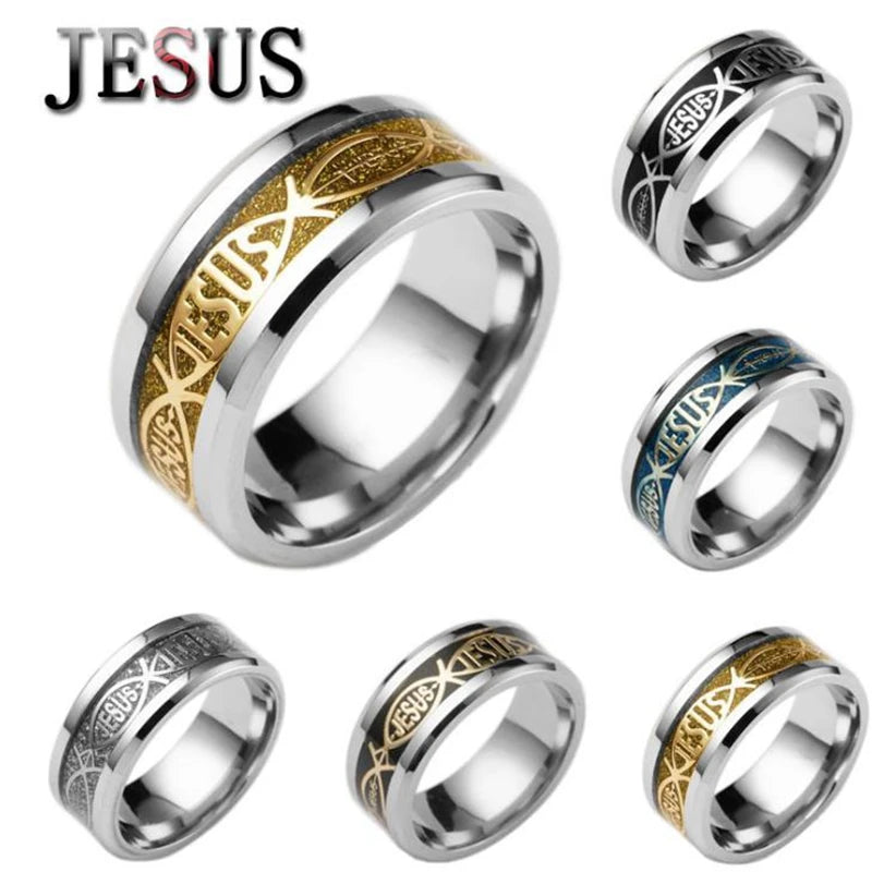 8MM Jesus Christ Cross Scripture  Stainless Steel Men's Women's Allah Ring Amulet Lucky Party Gift Never Fading