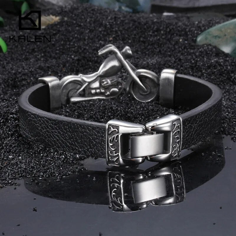 Kalen New Unique Male Jewelry Stainless Steel Motorcycle Charm Bracelet Rock Punk Durable Leather Bracelets Cheap Cool Gift