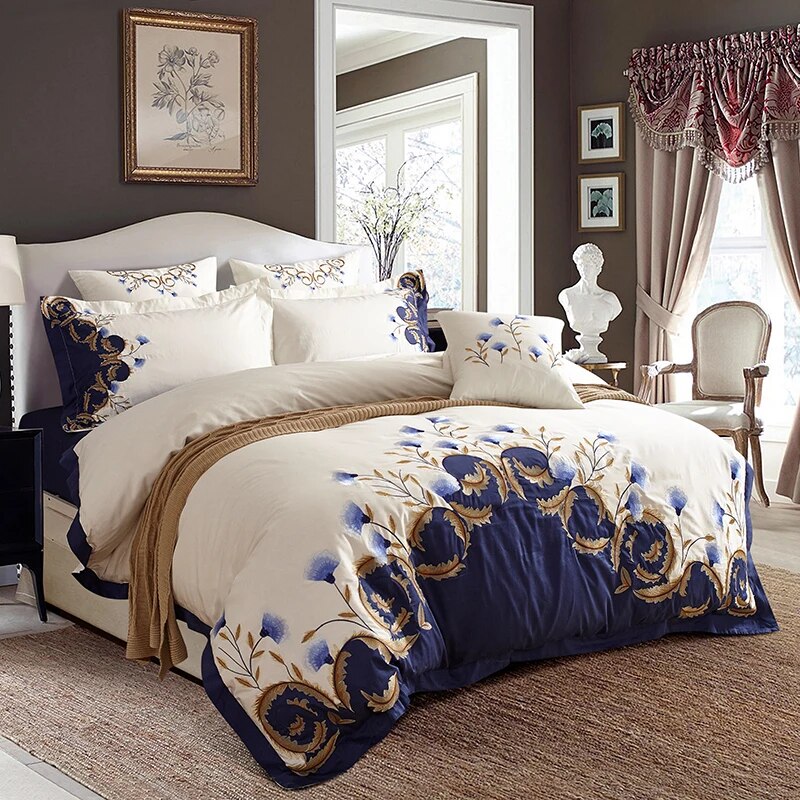 Luxury Chic Blue Embroidered Bedding set Egyptian Cotton Soft Bed set Duvet Cover Bed Sheet set 4/6Pcs US King Queen size