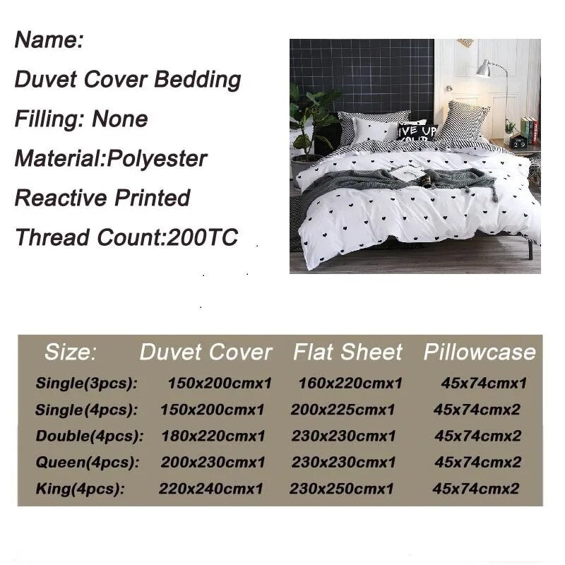 Bonenjoy Black and White Bed Linen Set King Size Heart Printed Bedding Sets ropa de cama y edredones Queen Bed Cover Bedding