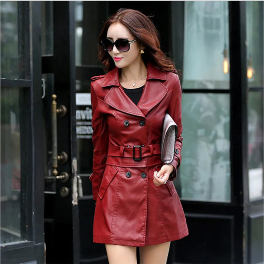 Hot 2022 Spring Autumn New Women Long Leather Jacket Slim Oversize Bow Belt Motorcycle PU Coat Female Trench