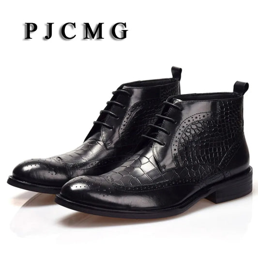 High Quality Men Boots PJCMG Winter Ankle Waterproof Rubber Crocodile Pattern Casual Leather Plush Hiking High Motorcycle Boots