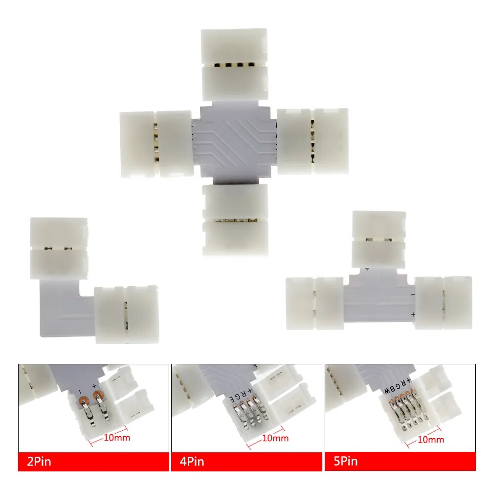 Hot seller LED Strip Connector 2pin 4pin 5pin 10mm L Shape / T Shape / X Shape Free Welding Connector 5pcs/lot.