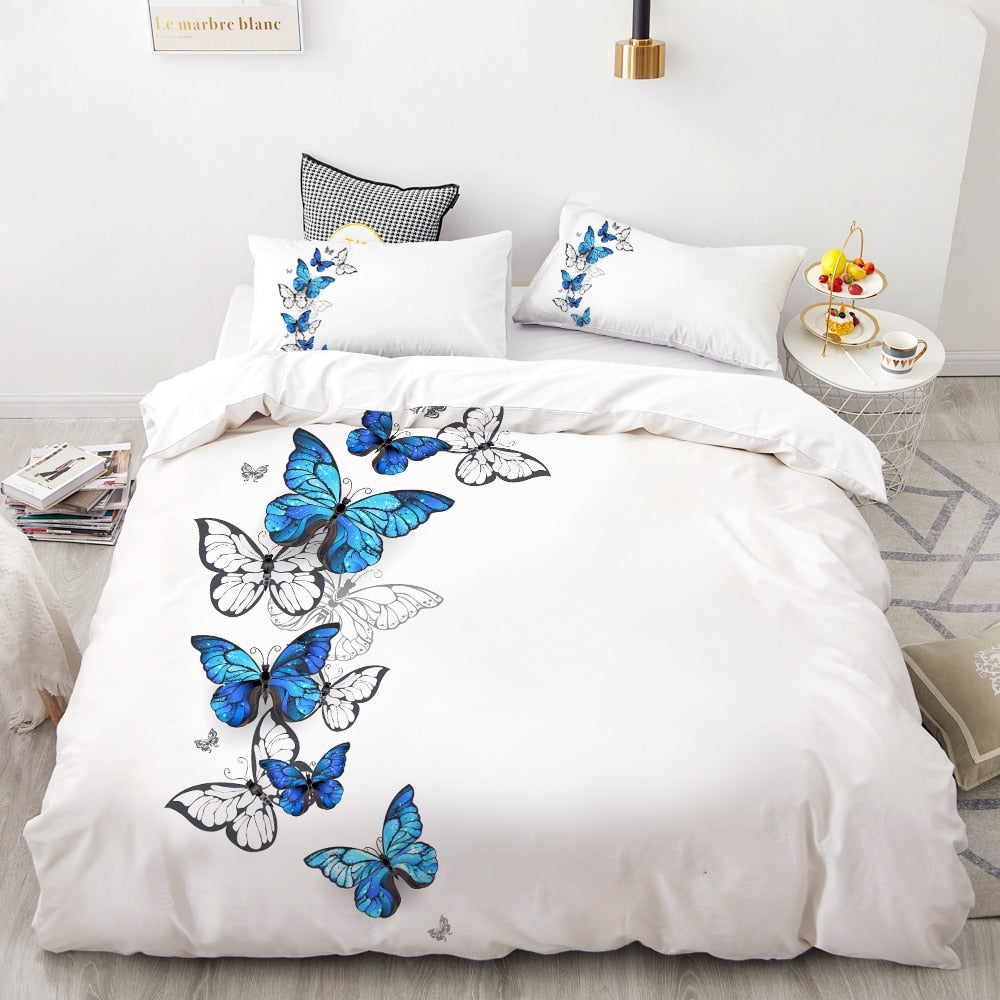 3D HD Digital Printing Custom Bedding Set,Duvet Cover Set Queen Cal King,Wedding Bedclothes butterfly on white Drop Shipping