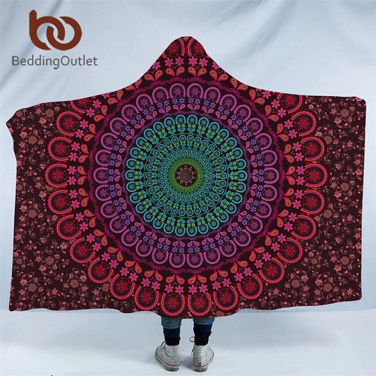 BeddingOutlet Floral Mandala Hooded Blanket Blue Orange Purple Sherpa Fleece Wearable Throw Blanket Adults Kids Bedding Bohemia