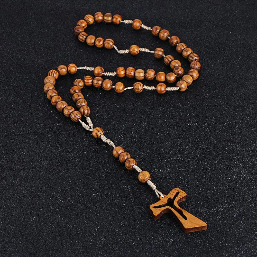 KOMi Catholic Christian Religion Jesus Wooden Rosary Cross Pendant Long Chain Necklace Female Male Jewelry Gift