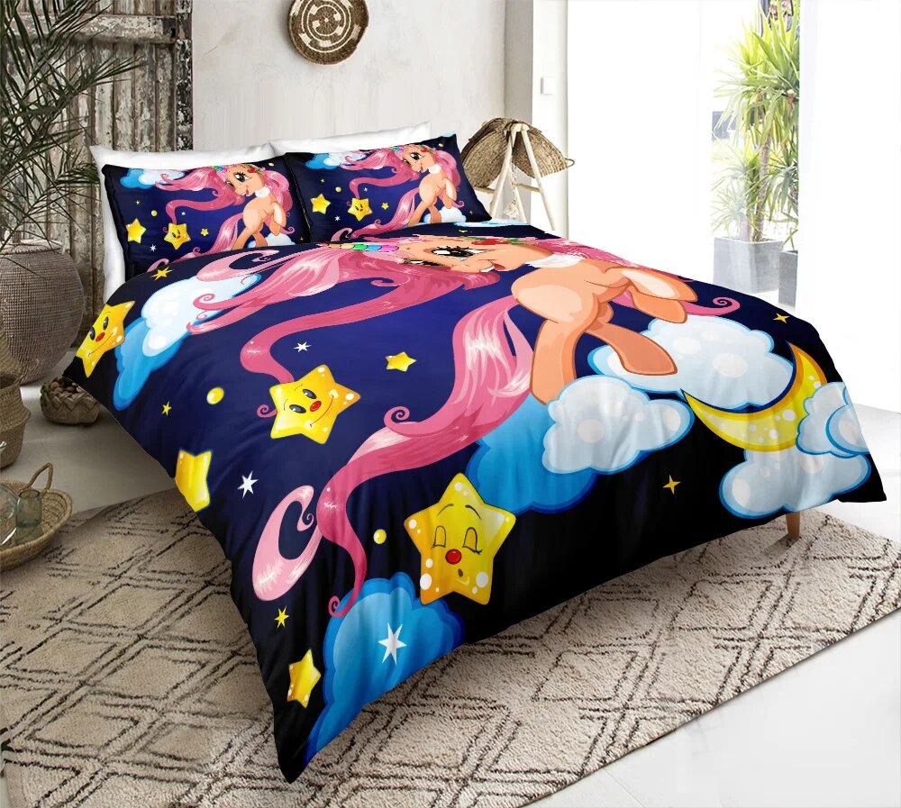 BOMCOM 3D Digital Printing Pink Unicorn Fairytale Flying Unicorn in Night Sky Christmas Style Bedding Sets 100% Microfiber Dark