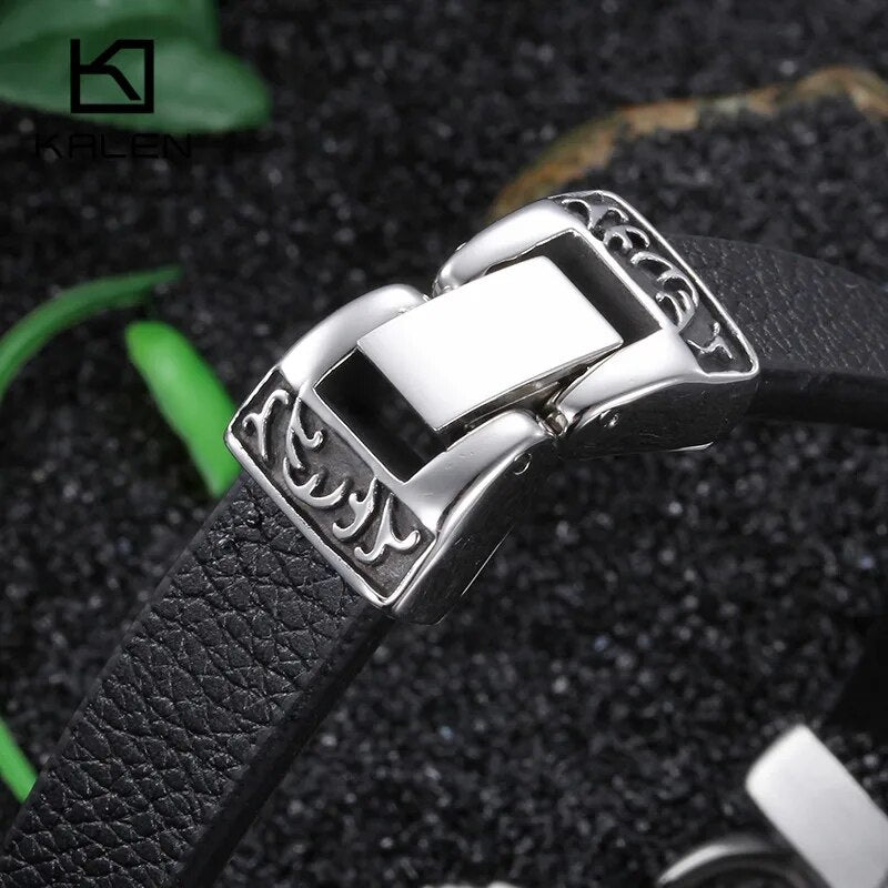 Kalen New Unique Male Jewelry Stainless Steel Motorcycle Charm Bracelet Rock Punk Durable Leather Bracelets Cheap Cool Gift