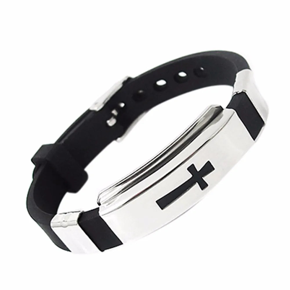 1PC Silicone Buckle Bracelets Bangle Fashion Cool Wristband Jewelry Womens Mens Cross Stainless Steel Christian Religious Amulet