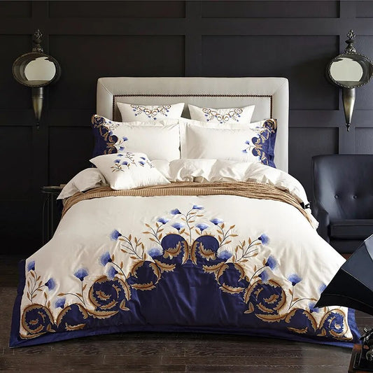 Luxury Chic Blue Embroidered Bedding set Egyptian Cotton Soft Bed set Duvet Cover Bed Sheet set 4/6Pcs US King Queen size