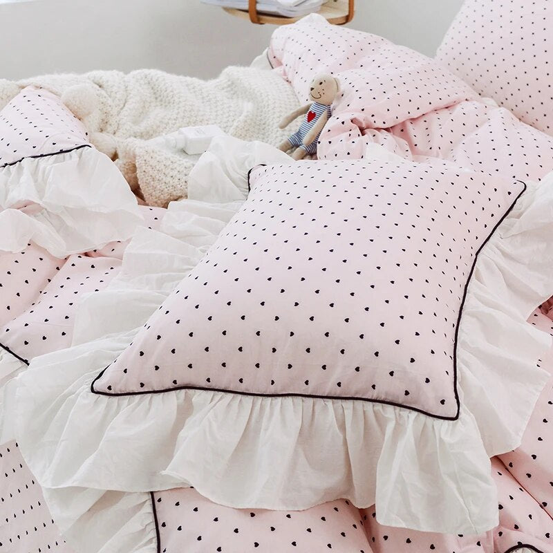 Luxury Princess Style 100% Cotton Bedding set Ruffles Duvet Cover Black Dot Flat Pillowcases 4pcs For Girls Bed Set