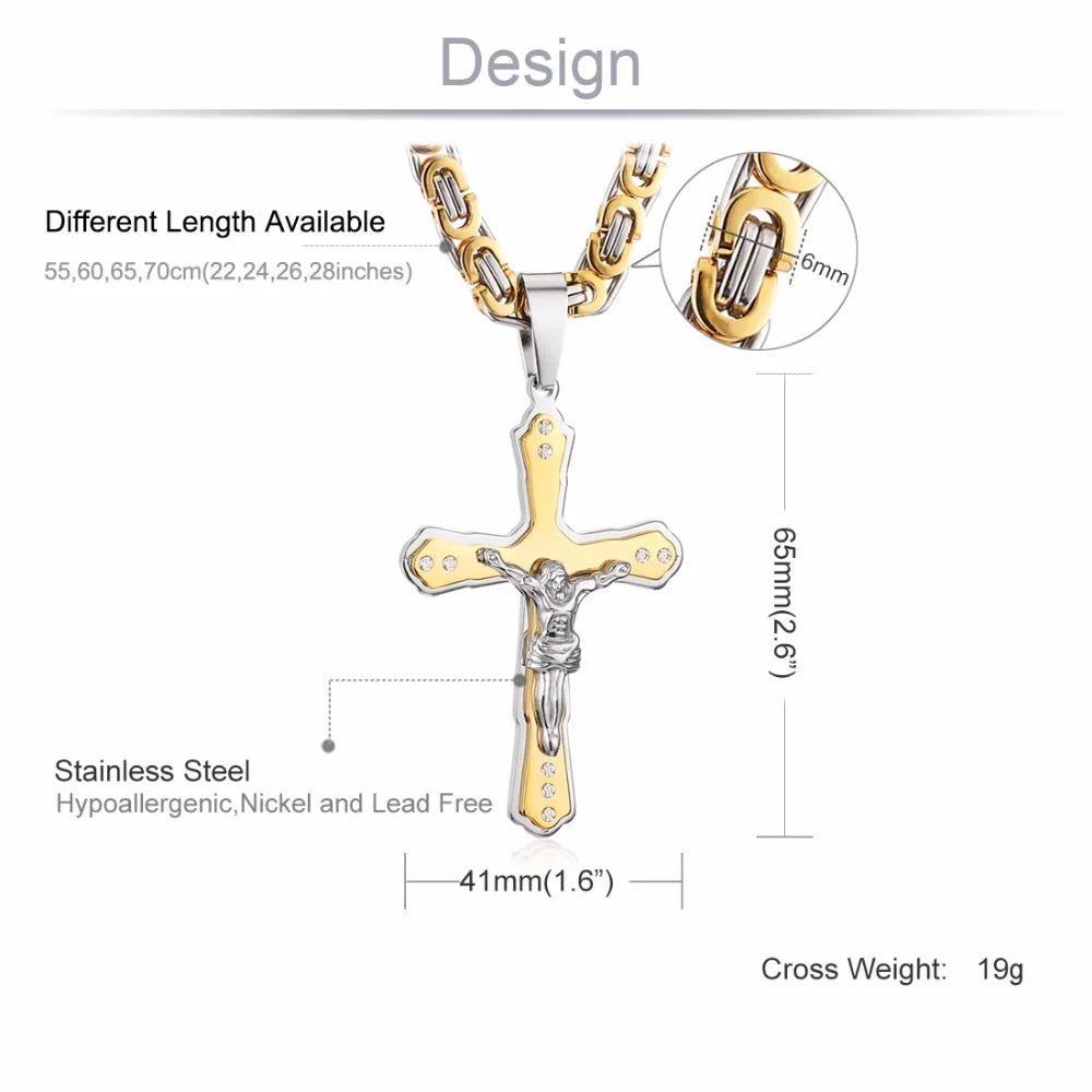 Christian Jesus Cross Crystal Pendant Necklaces Thick Link Byzantine Chain Stainless Steel Men Jewelry Colar Gift 21.65"  MN79