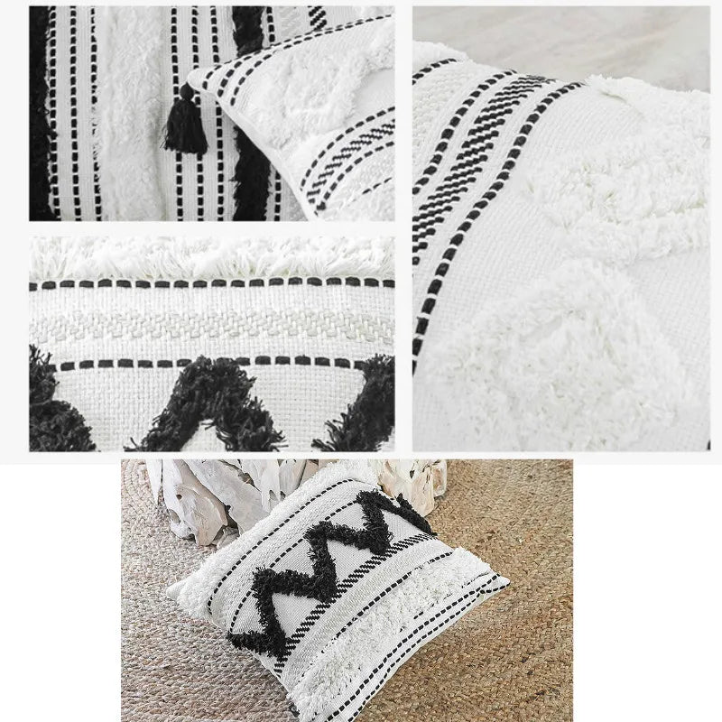 DUNXDECO Cushion Cover Decorative Tufting Pillow Case Modern Simple Morocco White Black Geometric Tassels Sofa Bedding Coussin