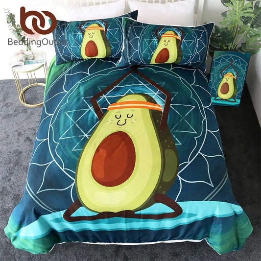 BeddingOutlet Cartoon Bedding Set for Kids Avocado Duvet Cover Queen Yoga Printing Bed Set Mandala Green Home Textiles 3pcs