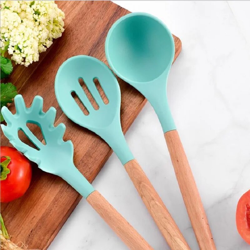 9pcs Cooking Tools Set Premium Silicone Fresh Green Kitchen Cooking Utensils Set Turner Tongs Spatula Spoon Turner Cookware Set