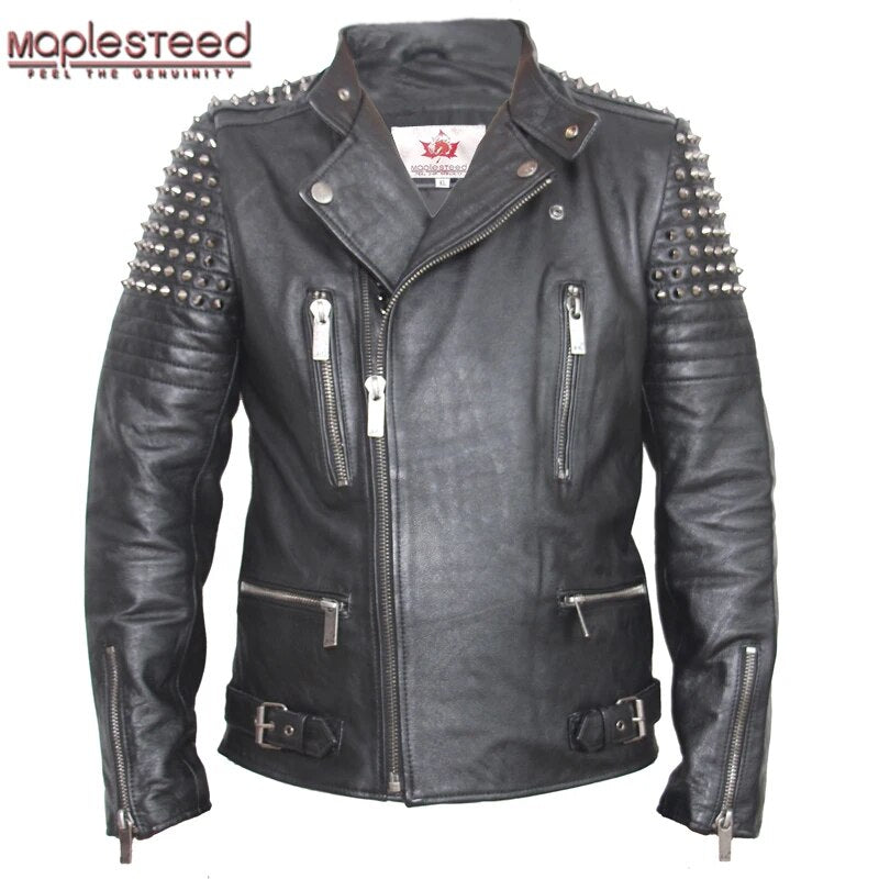 MAPLESTEED Rivet Jacket Rock Punk Leather Jacket Thick Cow Leather Motorcycle Clothing Leather Jacket Men Biker Coat Winter M139