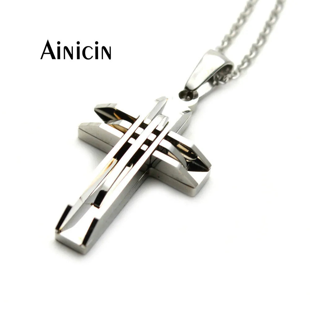 316L Stainless Steel Cross Pendants Jesus Christian Jewelry For Men and Women 50cm Chain Necklace