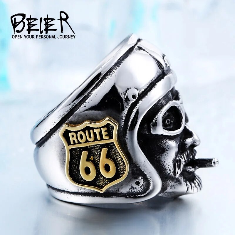 Beier Motorcycle Man With Plated-Gold color Stainless Steel Unique Route 66 MC Club Biker Ring drop shipping BR8-378